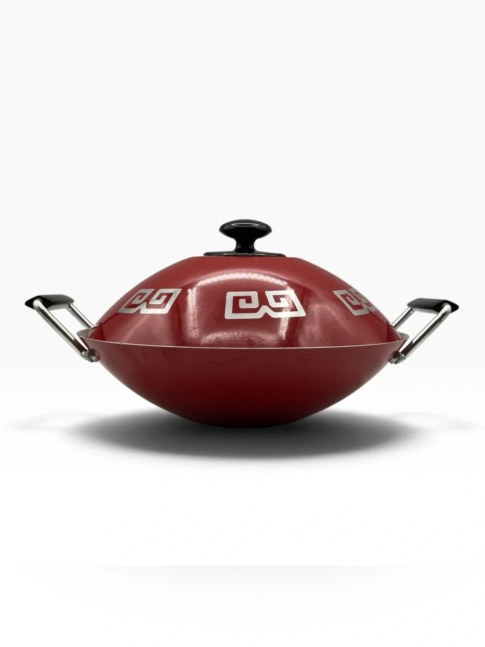 Vintage mid century modern Alluminum Wok Red Greek Key Round Bottom Stovetop Pan